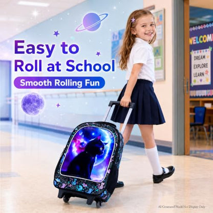 AGSDON 3PCS Rolling Backpack for Girls and Boys, Kids Roller Wheels Bookbag, Wheeled Elementary School Bag with Lunch Bag - color: Planet Cat Roller