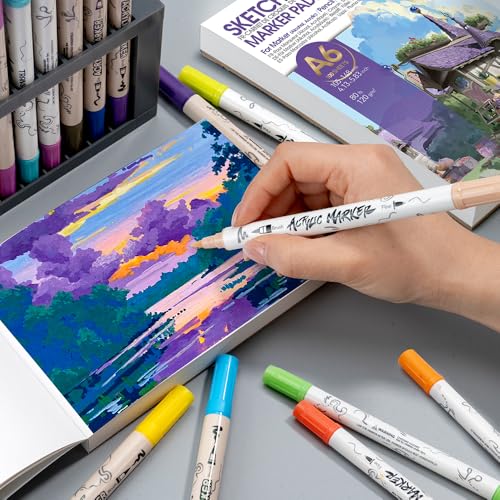 TRANSON 2 Pack A6 Mini Sketchbook Marker Pad, 80lb/120gsm Heavyweight Art Paper, No Bleed Through, 100 Sheets/200 Pages 4.13"x5.83" for Drawing & Sketching - size: 2 PACK A6 120gsm