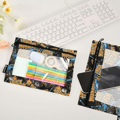 Emelivor Truck Cool Black Pencil Pouch for 3 Ring Binder 2 Pack Large Capacity Pencil Pouches with Zipper Clear Binder Pencil Case Bag for Office College Daily Supplies - color: 26-Truck Cool