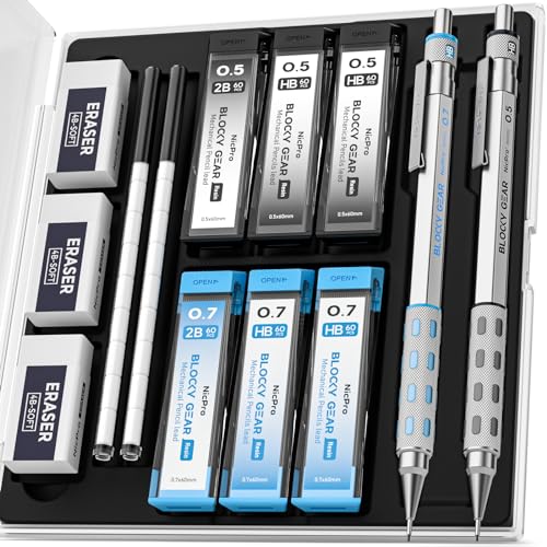 Nicpro Blocky Gear 0.5 mm & 0.7 mm Mechanical Pencils Set in Case, Metal Pencil with 6 Tube Lead Refills, Eraser, Eraser Refills for Professional & Adult Art Writing Drafting Drawing Sketching - style: 0.5 0.7 mm