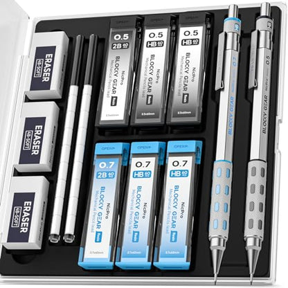 Nicpro Blocky Gear 0.5 mm & 0.7 mm Mechanical Pencils Set in Case, Metal Pencil with 6 Tube Lead Refills, Eraser, Eraser Refills for Professional & Adult Art Writing Drafting Drawing Sketching - style: 0.5 0.7 mm