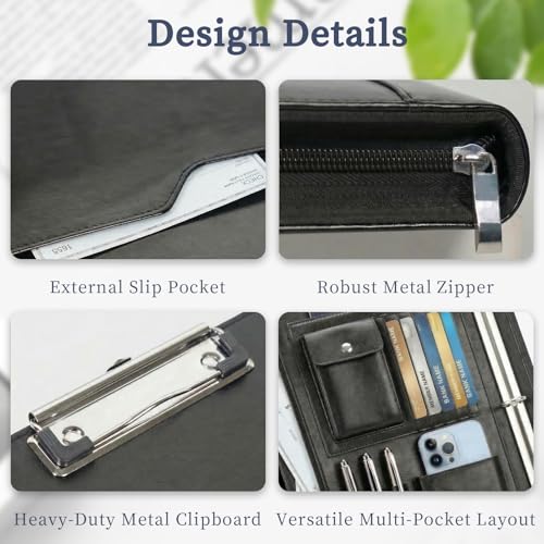 Zippered Padfolio with 3-Ring Binder & Clipboard, PU Leather Portfolio Organizer for Men Women, A4 Document Holder with Phone Pocket Pen Loops Card Slots, Professional Business Interview Folder Black - color: Black
