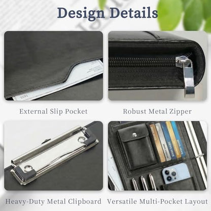 Zippered Padfolio with 3-Ring Binder & Clipboard, PU Leather Portfolio Organizer for Men Women, A4 Document Holder with Phone Pocket Pen Loops Card Slots, Professional Business Interview Folder Black - color: Black