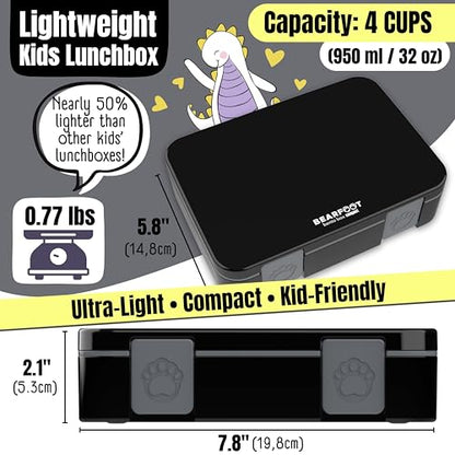 BEARFOOT Kids Lunch Box with Compartments – Compact & Lightweight | Leak-Proof, BPA-Free, Dishwasher Safe | Hand-Drawn Design for Preschool, School, Travel (Black, 4 Cups) - color: Black, size: 4 Cups