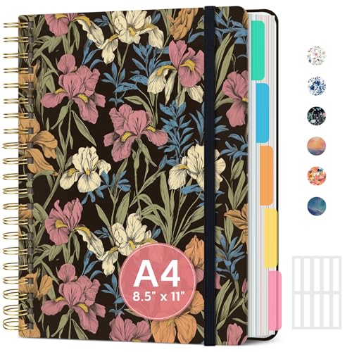 Large Spiral Lined Notebooks for Work with Removable Dividers & Tabs, 8.5"x11" Pretty Hardcover 5 Subject Notebook Journal for Women, College Ruled, Perfect for Study & Office Organization, 280 Pages, Vintage Iris - color: H - Vintage Iris