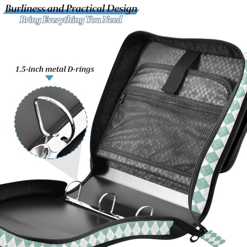 Green White Diamond Checkered Plaid Striped Binder Bag 3 Ring Zipper Binders with Shoulder Strap for School Office Organizer Storage - color: Q012