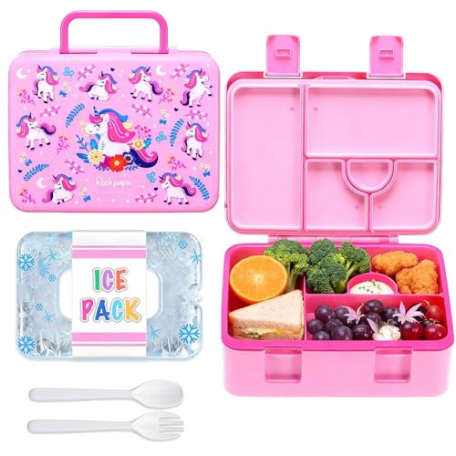 rockpapa Chill Bento Box for Kids- Large 5.5 Cups Lunch Box with Ice Pack - 5 Compartments, BPA-Free, Leak Proof, with Utensils & Portable Handle, Microwave/Dishwasher Safe (Pink Unicorn) - color: Pink Unicorn
