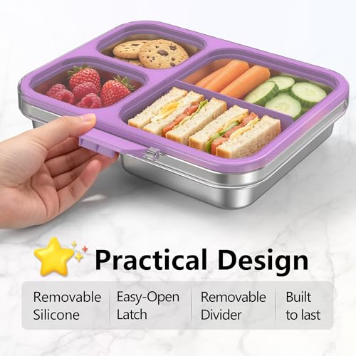 HOMEKOL Stainless Steel Bento Lunch Box 3-Compartment, 4.2Cups, Purple | Leak-Proof Metal Lunch Container for Kids & Adults, BPA-Free, Dishwasher Safe, Clear Tritan Lid, 1000ml (Not Insulated) - color: Purple, size: 34oz (1000ml)
