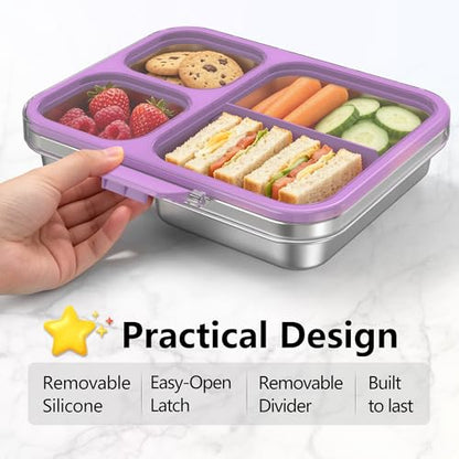 HOMEKOL Stainless Steel Bento Lunch Box 3-Compartment, 4.2Cups, Purple | Leak-Proof Metal Lunch Container for Kids & Adults, BPA-Free, Dishwasher Safe, Clear Tritan Lid, 1000ml (Not Insulated) - color: Purple, size: 34oz (1000ml)