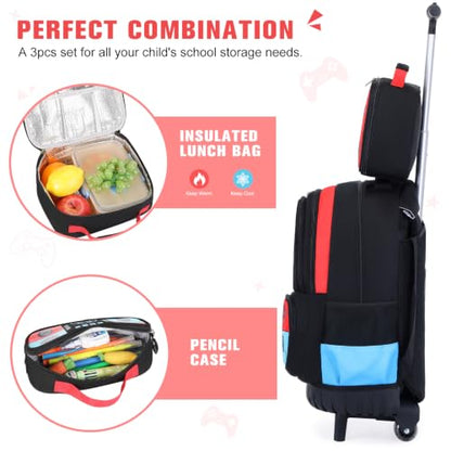 Bevalsa Rolling Backpack for Boys,Cool Luminous Gamer Roller School Backpacks with Lunch Box & Pencil Case,Kids Wheeled Schoolbag Bookbag with Wheels for Kindergarten Elementary School Travel - color: Red Blue Smile