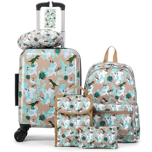 16’’ Kid’s Luggage Set with Spinner Wheels, Hardside with Suitcases,6 Piece | Carry on Luggage, Travel Rolling Luggage Airline Approved Suitcase Set with Spinner Wheels Girls Boys - color: Dinosaur