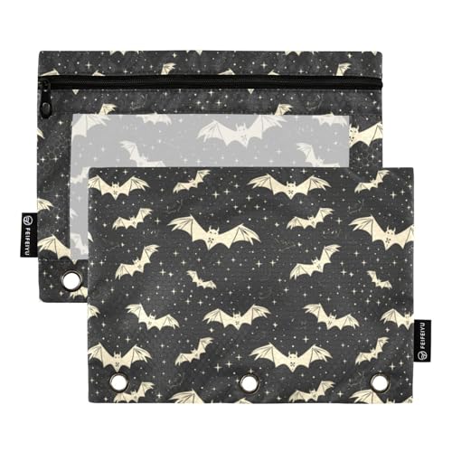 Binder Pencil Pouches, Bats and Stars Pencil Case with Clear Window 3 Rings Pen Case Holder School Office Supplies Cosmetic Makeup Bag - color: Bats and Stars