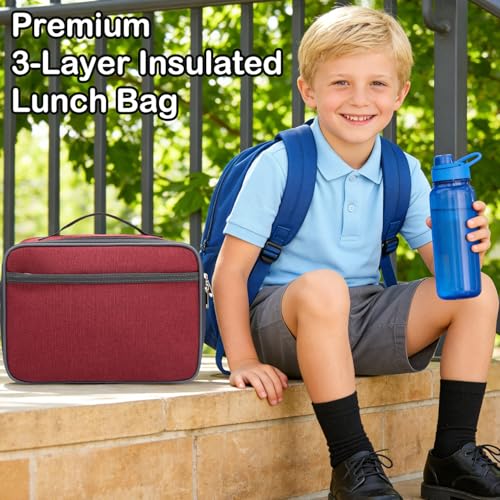FlowFly Kids Lunch box Insulated Soft Bag Mini Cooler Back to School Thermal Meal Tote Kit for Girls, Boys,Women,Men, Deep Red - color: Deep Red