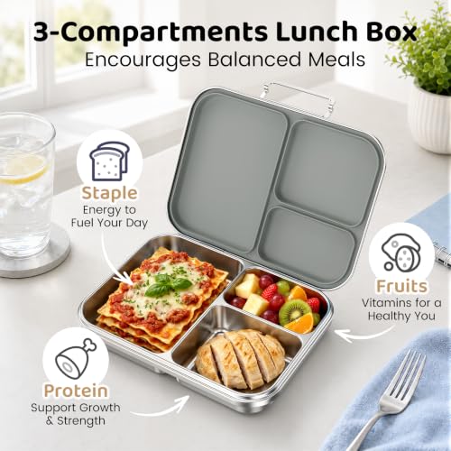 Pawtong Stainless Steel Bento Box for Kids and Adults, 3 Compartment Leakproof Lunch Box with Removable Silicone Seal and Silicone Contianer, Metal Lunch Container for School, Work and Travel (Grey) - color: Gray