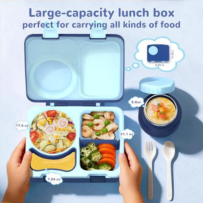 Bento Box for Kids, Leakproof Kids Bento Lunch Box Container with 8oz Insulated Thermo Food Jar, Sauce Jar, Utensil, DIY Stickers for School Boys Girls, 3-4 Compartments, BPA-Free - color: Navy Blue