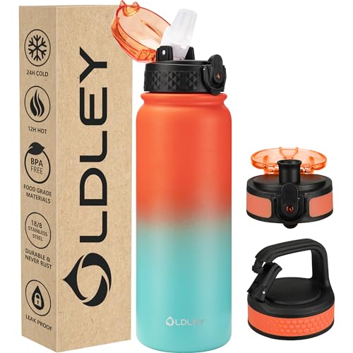 Oldley Insulated Water Bottle 20oz Water Bottles with Straw, Stainless Steel Water Bottle with 3 Lids, Double Wall Vacuum Bottels for Adults School Kids,Leak-Proof Sport Bottles, Ombre Orange-green - color: Ombre Orange-green, size: 20 Ounces