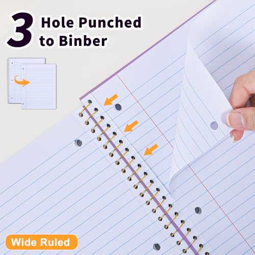 MUAHLIUB Spiral Notebook Wide Ruled Paper 8" x 10 1/2", 1 Subject Spiral Notebook, 3-Hole Punched Perforated Pages Ideal for School, Office, Writing, 95 Sheets Lined Journaling Notebook, Purple - color: Purple