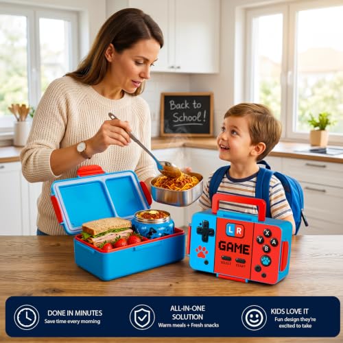 Bento Lunch Box for Kids with Thermos – Game Console Design with 12oz Insulated Stainless Steel Soup Jar and Built-in Ice Pack, 3-Compartment Leak-Proof Kids Bento Box for Boys Girls School Travel - color: Red-Game over