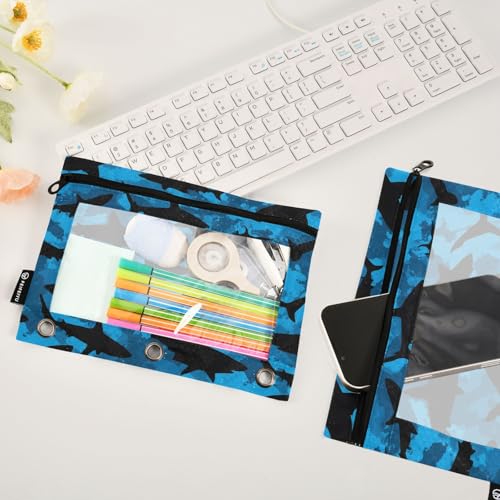 2 Pack Pencil Pouch for 3 Ring Binder Ocean Shark Blue Pencil Case Pouch with Clear Window Zipper Binder Pencil Pouches Pen Bag for Office School Supplies - color: Ocean Shark Blue