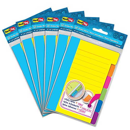 Redi-Tag Divider Sticky Notes, Tabbed Self-Stick Lined Note Pad, 60 Ruled Notes per note , 4 x 6 Inches, Assorted Neon Colors, 6 count/pack - pack of 6 (10291) - size: 6 Pack