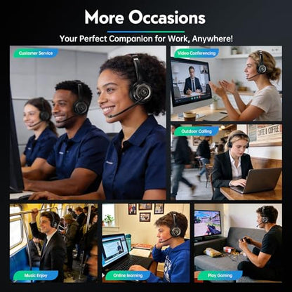 Wireless Headset with Mic for Work, Dual-Mode Bluetooth & 2.4GHz Dongle, 50H Talk Time, Headphone with mic ENC Noise Cancelling fit for Teams/Zoom, Glasses-Friendly - color: Black
