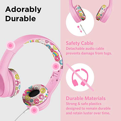 LilGadgets Girls Wired Headphones - Pink Doughnut On-Ear Ages 3+ - Built-in Mic & SoftTouch Padding - SharePort Audio Sharing - Detachable Braided Cable & Volume-Limiting Safety - color: Pink Doughnuts