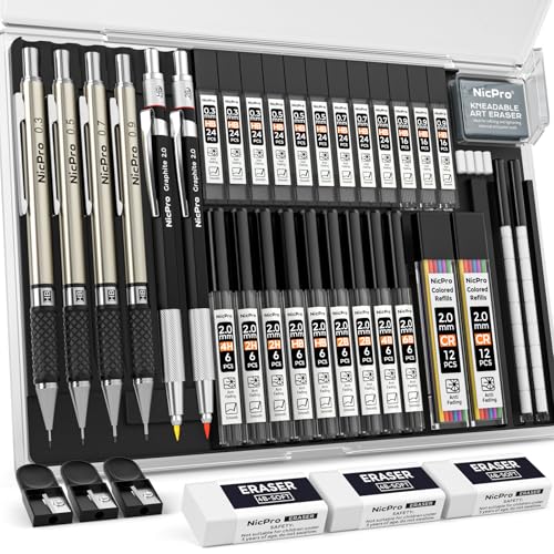 Nicpro 37PCS Art Mechanical Pencil Set, 4PCS Metal Drafting Pencil 0.3mm, 0.5 mm, 0.7 mm, 0.9 mm & 2PCS 2mm Lead Holder (6B 4B 2B HB 2H 4H Colors) For Sketching Drawing With 23 Tube Lead Refills Case - color: Black, style: 0.3 0.5 0.7 0.9 2.0