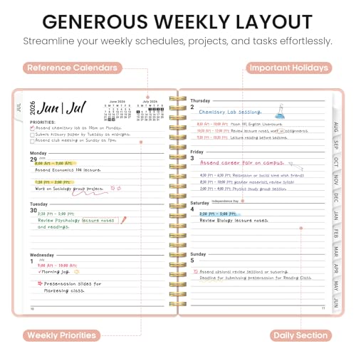 Planner 2026-2027, 6.3" x 8.5" Weekly and Monthly Academic Year Planner Calendar, July 2026 - June 2027, Hardcover Large School Planning Agenda With Tabs, Perfect for School & Office Supplies, A5, Pink - color: C-Pink, size: A5(6.3"x8.5")