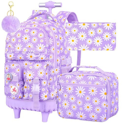 CCJPX Rolling Backpack for Girls, 3Pcs Roller Wheeled School Bookbag, Daisy Wheels Backpacks with Lunch Box for Kids (Purple) - color: Daisy Purple