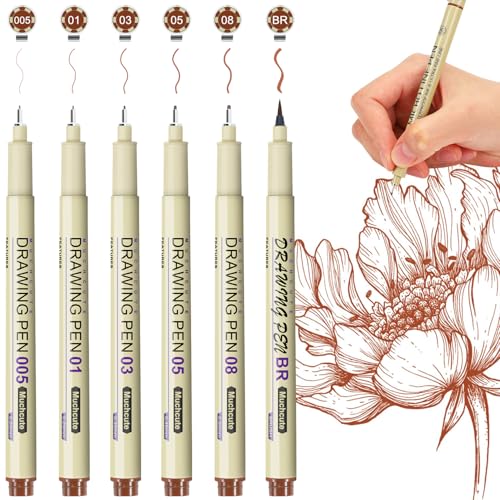 Muchcute Micro Fineliner Drawing Art Pens: 6 Sepia Fine Line Waterproof Ink Set Artist Supplies Brown Archival Inking Marker Liner Sketch Outline Manga Anime Gifts Sketching Watercolor Zentangle Stuff - color: 6 Tip Size (Sepia)