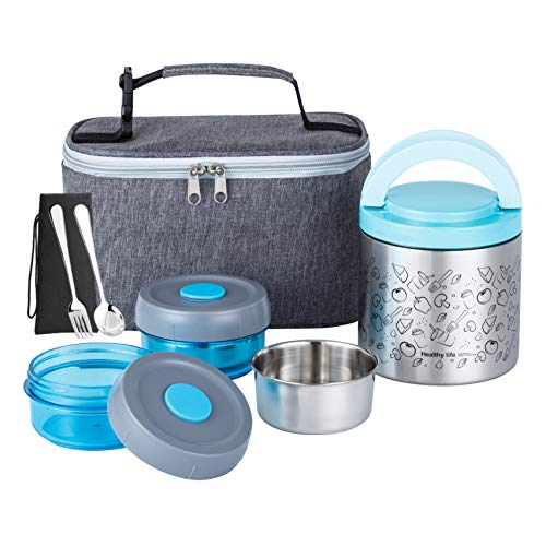 Lille Home Portable Insulated Lunch Box Set with Stainless Steel Cutlery, vacuum lunch box, to Keep Food Warm or Cool, Two Containers for Fruits and Sauces, Durable and Leak-Proof(Blue) - color: Blue