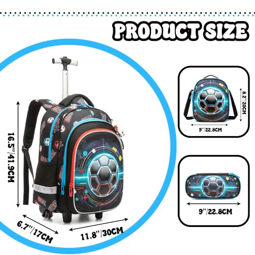 Meetbelify Rolling Backpack for Boys Backpack with Wheels Kids Football Roller Suitcase Travel Luggage for Elementary Student Ages 6-8 - color: Blue Football
