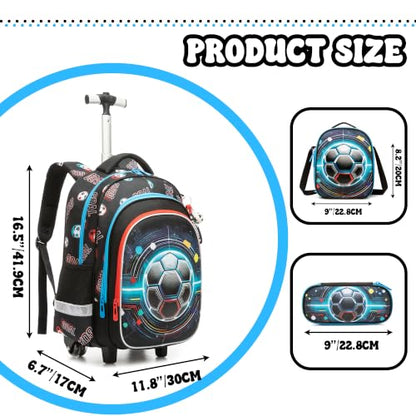 Meetbelify Rolling Backpack for Boys Backpack with Wheels Kids Football Roller Suitcase Travel Luggage for Elementary Student Ages 6-8 - color: Blue Football