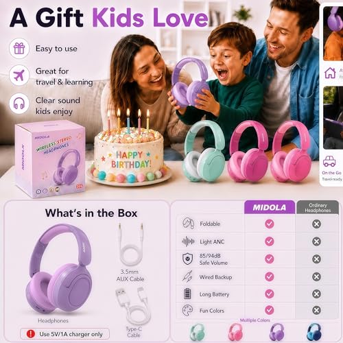 MIDOLA Kids Bluetooth Headphones Active Noise Cancelling Lightweight Wireless Headphone for Kid Volume Limited 85/94dB Foldable Over-Ear with Mic,68 Hours Playtime,for Toddler Child Lavender Purple - color: Lavender Purple