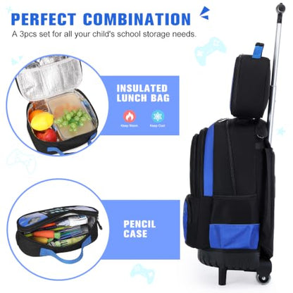Bevalsa Rolling Backpack for Boys,Cool Luminous Gamer Roller School Backpacks with Lunch Box & Pencil Case,Kids Wheeled Schoolbag Bookbag with Wheels for Kindergarten Elementary School Travel - color: Blue Astronaut