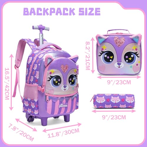 Meetbelify Rolling Backpack for Girls Backpacks with Wheels for Elementary Preschool Students Kids 3 in 1 Travel Luggage Carry on Suitcase for Girls Age 8-10 - color: Purple 01