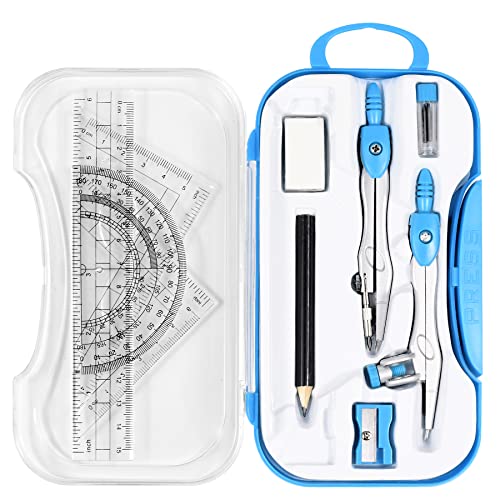 Unjoo Geometry Set 10 Pcs Student Supplies, Protractor and Compass (Blue） | Shatterproof Storage Box,Rulers,Protractor,Compass,Eraser,Pencil Sharpener,Lead Refills,Pencil,for Classroom, Back to School - color: Blue
