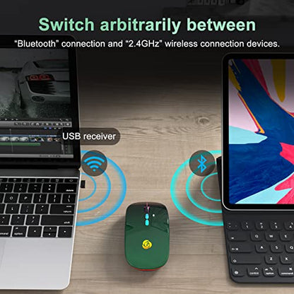 LED Wireless Mouse, Bluetooth Mouse &2.4GHz Instant Connection,Rechargeable Ultra Silent Slim,3 DPI 2 Connection Modes with USB-C to USB Adapter for Laptop/MacBook/PC/Tablet/iPad (Black-green) | Bluetooth mouse with 2.4GHz USB receiver, silent slim design