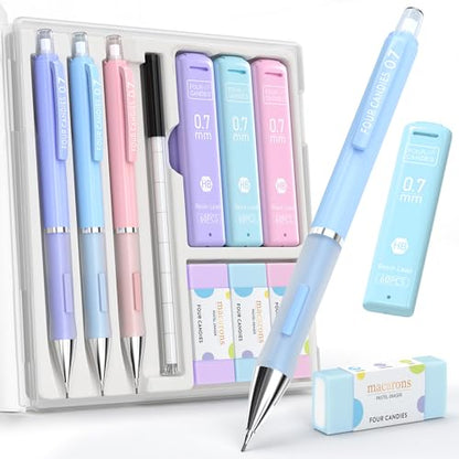 Four Candies 0.7mm Cute Mechanical Pencil Set, 3-Pack with Storage Case | 360 Leads, 3 Erasers+9 Refills, Pink/Purple/Blue Barrels, Non-Slip Grip, for School Notes & Everyday Writing - style: 0.7mm