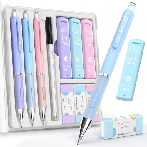 Four Candies 0.7mm Cute Mechanical Pencil Set, 3-Pack with Storage Case | 360 Leads, 3 Erasers+9 Refills, Pink/Purple/Blue Barrels, Non-Slip Grip, for School Notes & Everyday Writing - style: 0.7mm