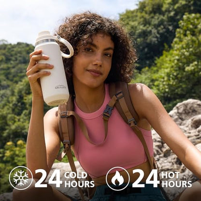 Greylock 20 oz Insulated Water Bottle with Straw Lid, Reusable Stainless Steel Sports Water Bottles with Foldable Handle, Leak Proof, Double-Wall Vacuum Insulation, 24 Hours Cold (White) - color: White, size: 20 Ounces