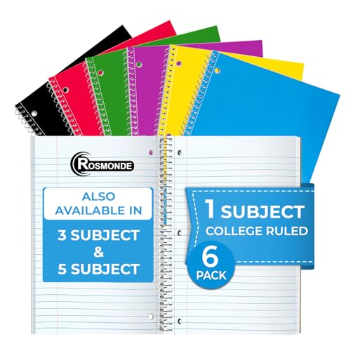 Rosmonde 6 Pack 1 Subject Notebook College Ruled, 70 Sheets (140 Pages) | Thick No-Bleed Paper, 8 x 10-1/2", 3 Hole Punched Notebooks, Sturdy Back, College Ruled Notebook for School, Assorted Colors - size: 6 Pack, style: 1 Subject - Soft Cover