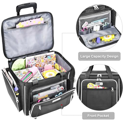 CAB55 Rolling Craft Bag, Tote Bag with Wheels for Women, Rolling Teacher Bag with Removable Folding Hand Truck (Black) - color: Black