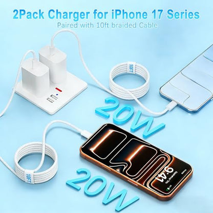 USB C Charger for iPhone Charger Fast Charging,[Apple MFi Certified] Type C Fast Wall Chargers Block Adapter 10FT USB C to C Woven Cable for iPhone 17ProMax/17 Pro/17e/Air/17/16 ProMax/16Pro/15,iPad