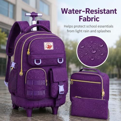 CCJPX 3PCS Rolling Backpack for Girls, Women Roller Bookbag with Lunch Box for Adults, Water Resistant Wheeled School Bag for Teens Kids Travel - Dark Purple - color: Dark Purple
