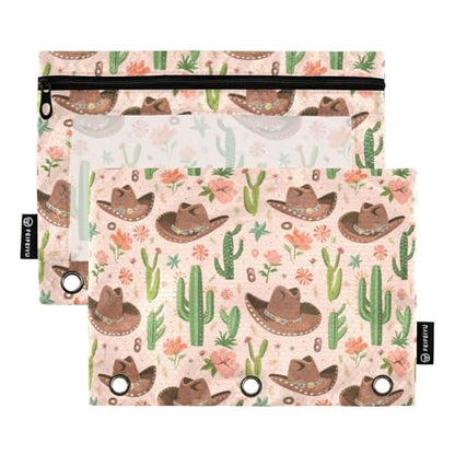 Binder Pencil Pouches Cowboy Hat and Cactus Pen Case | Clear Window 3 Rings, Cosmetic Bags School Office Supplies Cosmetic Makeup Bag 2 Psc - color: Cowboy Hat and Cactus