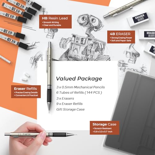 Nicpro 0.5 mm Art Mechanical Pencil Set in Storage Case, 3 PCS Metal Drafting Pencil Lead Pencil with 6 Tube HB Refills, 3 Erasers, 9 PCS Eraser Refills for Artist Writing, Drawing, Sketching - style: 3 Pack (0.5mm)