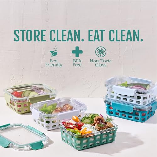 Ello Duraglass 3.4 Cup Meal Prep Sets 10Pc, 5 Pack Set- Glass Food Storage Container with Silicone Sleeve and Airtight BPA-Free Plastic Lids, Dishwasher, Microwave, and Freezer Safe, Olive Tree - color: Olive Tree