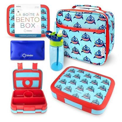 kinsho Bento Lunch Box Insulated Bag, Water Bottle & Ice Pack Set for Kids Toddlers, 4 Portion Sections, Removable Tray, Pre School Kid Toddler Daycare Lunches, Snack Container, Cute Blue Shark - color: Shark Set