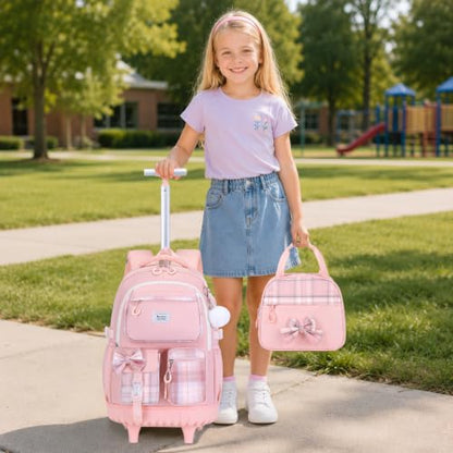 Bevalsa Rolling Backpack for Girls, Roller Backpack with Wheels, Cute Bow Plaid Wheeled School Bookbag Set with Lunch Bag & Pen Case, Suitcases for Kids Teens Elementary Middle Student (Pink) - color: Pink Plaid